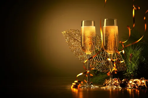 бокал, шампанское, праздник, новый год, лента, коричневые, желтые, черные